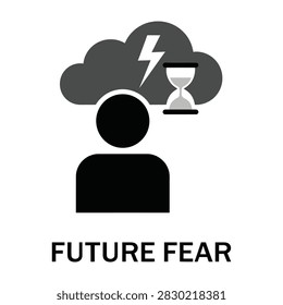 A minimalist concept icon representing future fear, showing a human silhouette beneath a storm cloud with a lightning bolt and an hourglass symbol for anxiety.