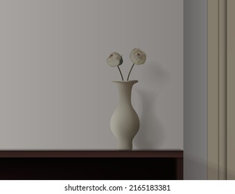 Minimalist concept of living room interior with leaf in ceramic vase and wooden commode. Copy space. Realistic flowers. 