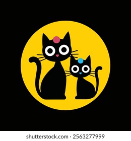 Minimalist Conceptual Art of Two Adorable Cats with Colorful Accents on a Yellow Circle