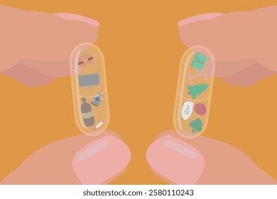 A minimalist, conceptual digital illustration featuring two hands holding transparent capsules.One capsule contains unhealthy lifestyle elements and the other capsule represents a healthy lifestyle.