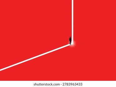 A minimalist conceptual illustration featuring a small silhouette of a person standing at the corner of a bright white doorway against a solid red background.
