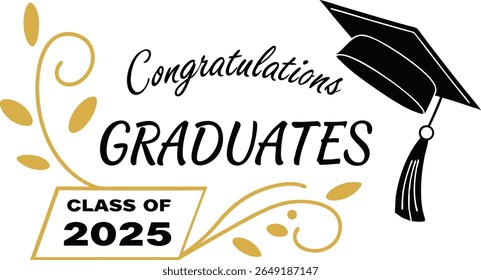 Minimalist Congratulations Graduates Banner with Gold Accents and Cap Icon.