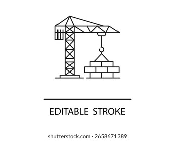 Materiais de elevação de guindaste de construção minimalista em design moderno de arte de linha perfeito para projetos de engenharia e construção com traços editáveis.