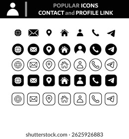 Ícones minimalistas de contato e perfil definidos. Inclui globo, e-mail, localização, casa, usuário, telefone e enviar símbolos em vários estilos. Perfeito para design de IU, Web e aplicativo.