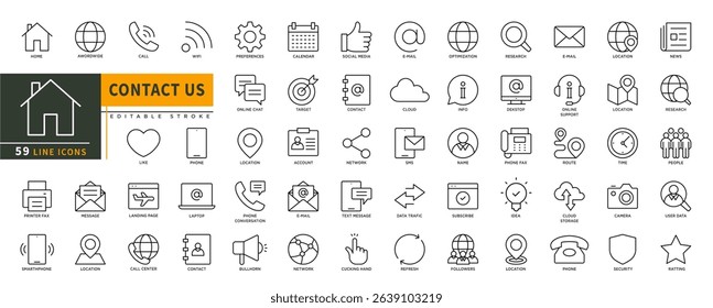 Minimalist Contact Us line icons set with editable stroke, featuring home, call, like, printer fax, message, landing page, location, smartphone, cloud, contact, name, data. thin linear illustration.	
