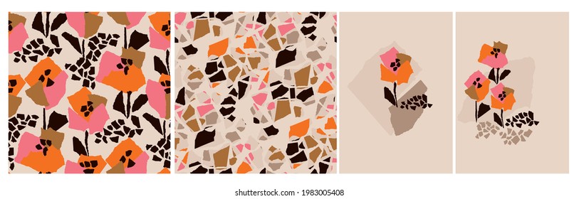 Minimalist contemporary floral abstract pattern set. Modern shabby mosaic style poppy flowers for print and web design. Moron, brown and coral orange natural cards, poster. 