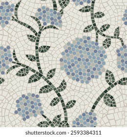 Minimalist contemporary floral seamless pattern. Mosaic of blue hydrangea flowers. Suitable for print, poster, postcards, web design, wallpaper. Vector. Vintage background.