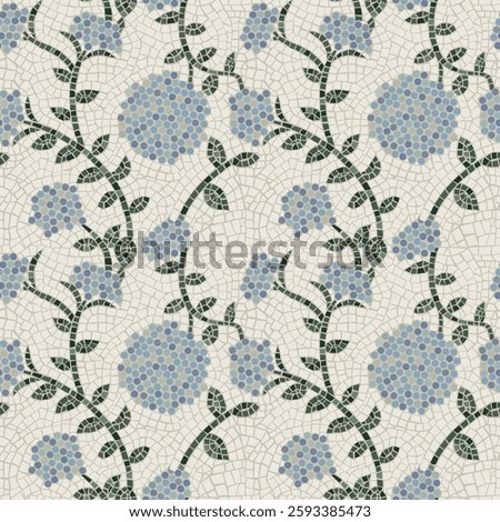Minimalist contemporary floral seamless pattern. Mosaic of blue hydrangea flowers. Suitable for print, poster, postcards, web design, wallpaper. Vector. Vintage background.