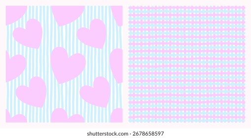 Minimalist contemporary seamless pattern set with hand drawn doodle mesh and Hearts. The texture of the festive background for Valentine's day, wedding design. Cute Childish Wallpaper for nursery.