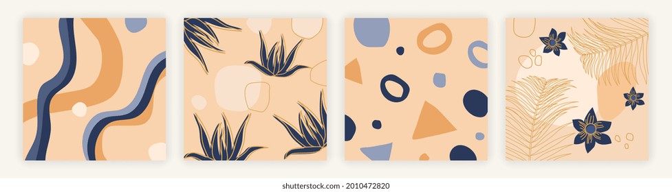 Minimalist contemporary trendy abstract pattern set. Tropical leaves, exotic flowers, geometric shapes and unusual patterns. Fashionable set for decorating walls and posters. Flat vector illustration