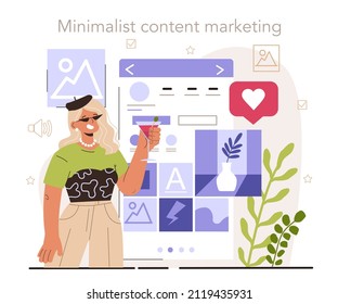 Minimalist content marketing. Content strategy development. Social media content manager guidance. How create visual content. Digital promotion technology. Flat vector illustration
