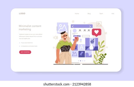 Comercialización de contenido minimalista. Desarrollo de la estrategia de contenido. Guía del gestor de contenido de medios sociales. Cómo crear contenido visual. Tecnología de promoción digital. Ilustración vectorial plana