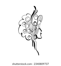 Arte de línea continua minimalista: Cara abstracta adornada con flores. Retrato de belleza para la decoración moderna de la pared impresa.
