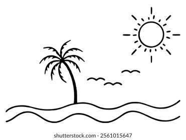 Minimalist Continuous Line Art of a Beach Scene with Shoreline, Waves, Palm Tree, and Sun in a Summer Travel Theme