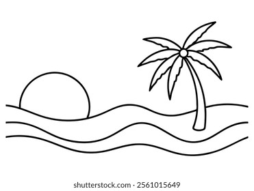 Minimalist Continuous Line Art of a Beach Scene with Shoreline, Waves, Palm Tree, and Sun in a Summer Travel Theme