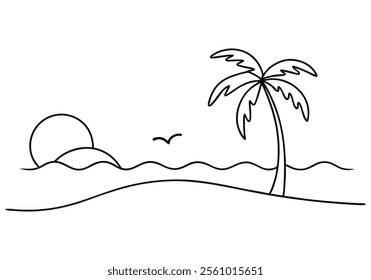 Minimalist Continuous Line Art of a Beach Scene with Shoreline, Waves, Palm Tree, and Sun in a Summer Travel Theme