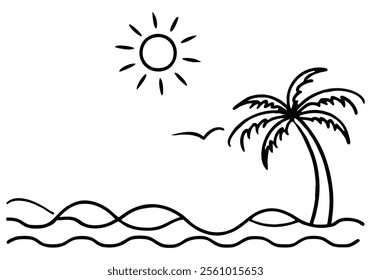 Minimalist Continuous Line Art of a Beach Scene with Shoreline, Waves, Palm Tree, and Sun in a Summer Travel Theme