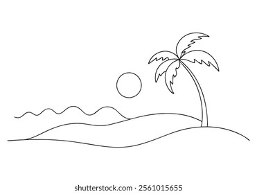 Minimalist Continuous Line Art of a Beach Scene with Shoreline, Waves, Palm Tree, and Sun in a Summer Travel Theme