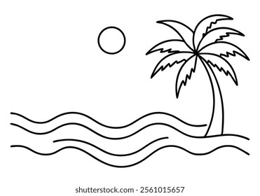 Minimalist Continuous Line Art of a Beach Scene with Shoreline, Waves, Palm Tree, and Sun in a Summer Travel Theme