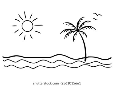 Minimalist Continuous Line Art of a Beach Scene with Shoreline, Waves, Palm Tree, and Sun in a Summer Travel Theme