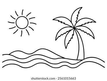 Minimalist Continuous Line Art of a Beach Scene with Shoreline, Waves, Palm Tree, and Sun in a Summer Travel Theme