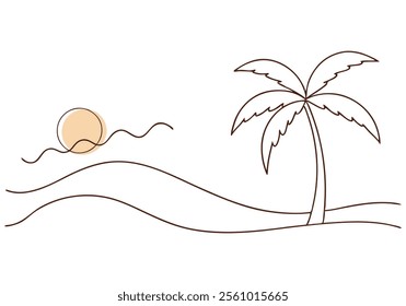 Minimalist Continuous Line Art of a Beach Scene with Shoreline, Waves, Palm Tree, and Sun in a Summer Travel Theme