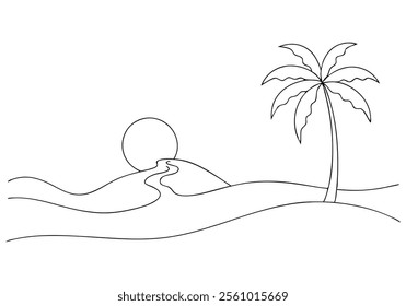 Minimalist Continuous Line Art of a Beach Scene with Shoreline, Waves, Palm Tree, and Sun in a Summer Travel Theme