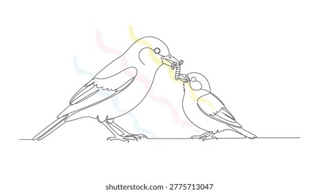 Minimalist continuous line art of bird mother delivering worm to little hungry fledgling isolated on simple white background.