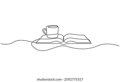 Minimalist continuous line art of books and coffee for reading and relaxation, One continuous line drawing of a book and a cup of coffee.single line of an open book with a cup of coffee.