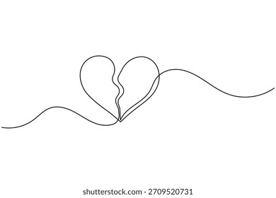 Arte lineal continuo minimalista de un corazón roto, que simboliza el desamor.