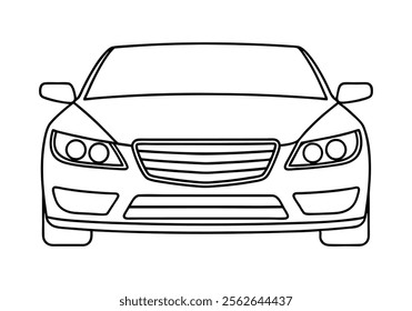 Minimalist Continuous Line Art of a Car Front View with Detailed Headlights, Grille, and Windshield