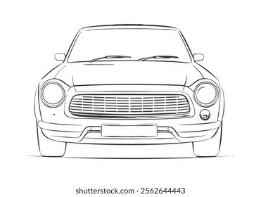 Minimalist Continuous Line Art of a Car Front View with Detailed Headlights, Grille, and Windshield