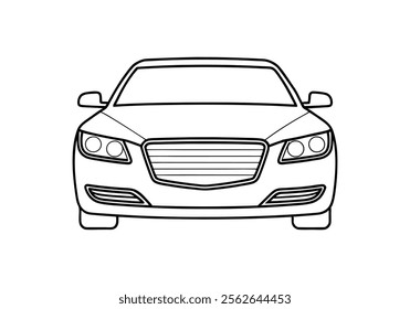 Minimalist Continuous Line Art of a Car Front View with Detailed Headlights, Grille, and Windshield