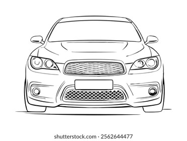 Minimalist Continuous Line Art of a Car Front View with Detailed Headlights, Grille, and Windshield