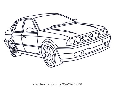 Minimalist Continuous Line Art of a Car Front View with Detailed Headlights, Grille, and Windshield