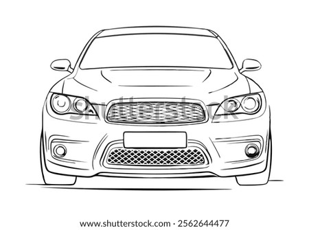 Minimalist Continuous Line Art of a Car Front View with Detailed Headlights, Grille, and Windshield