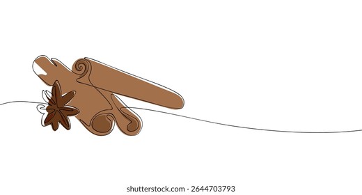 Arte de linha contínua minimalista de paus de canela e anis estrelado sobre fundo branco, ideal para conceitos culinários, tempero ou aroma natural.
