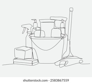 Minimalist continuous line art of cleaning supplies, featuring a bucket, spray bottles, sponges, and gloves. A modern illustration symbolizing hygiene and home care