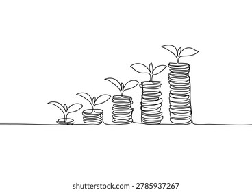 Minimalist continuous line art of coin stacks increasing in height, symbolizing financial growth. Clean single-line drawing concept for mutual funds, stock market investment, savings accumulation, compound interest, and banking wealth management. Vector illustration isolated on white background.