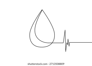 Arte em linha contínua minimalista combinando uma gota de sangue com um pulso de batimento cardíaco