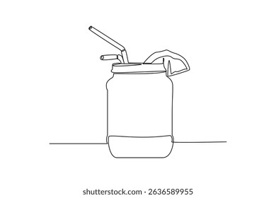 Minimalist continuous line art depicting a refreshing summer beverage in a mason jar, complete with straws and a citrus garnish