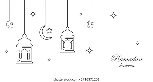 Diseño minimalista de arte de línea continua para Ramadan Kareem. Cuenta con linternas islámicas colgantes, lunas de media luna y estrellas sobre un fondo blanco, perfecto para un saludo festivo.