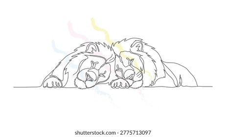 Minimalist continuous line art design featuring two sleeping lions resting peacefully with light pastel colored brush mark details.