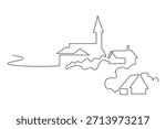 A minimalist continuous line art drawing beautifully illustrating a charming stylized village townscape featuring traditional houses and a prominent church steeple within a simple abstract landscape rendered in black outline on a transparent background