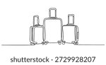 Minimalist continuous line art drawing of three suitcases symbolizing travel and journey Vector, illustration