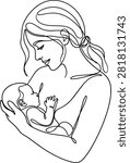 Minimalist continuous line art drawing of a mother gently cradling and holding her newborn baby close to her chest