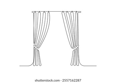 Minimalist continuous line art drawing of curtains. Window curtain outline vector isolated on white background.	