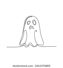 A minimalist, continuous line art drawing of a ghost with a distressed face.