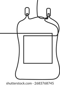 Desenho de arte em linha contínua minimalista de um saco de fluido médico, possivelmente para sangue ou IV, com uma área em branco.
