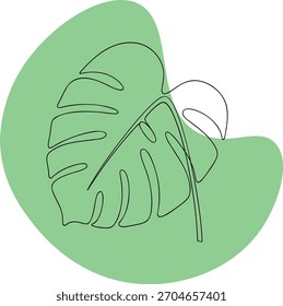 Minimalist continuous line art drawing of a tropical monstera leaf, elegantly placed on a vibrant, irregular green organic shape. Modern botanical illustration perfect for design projects, nature them